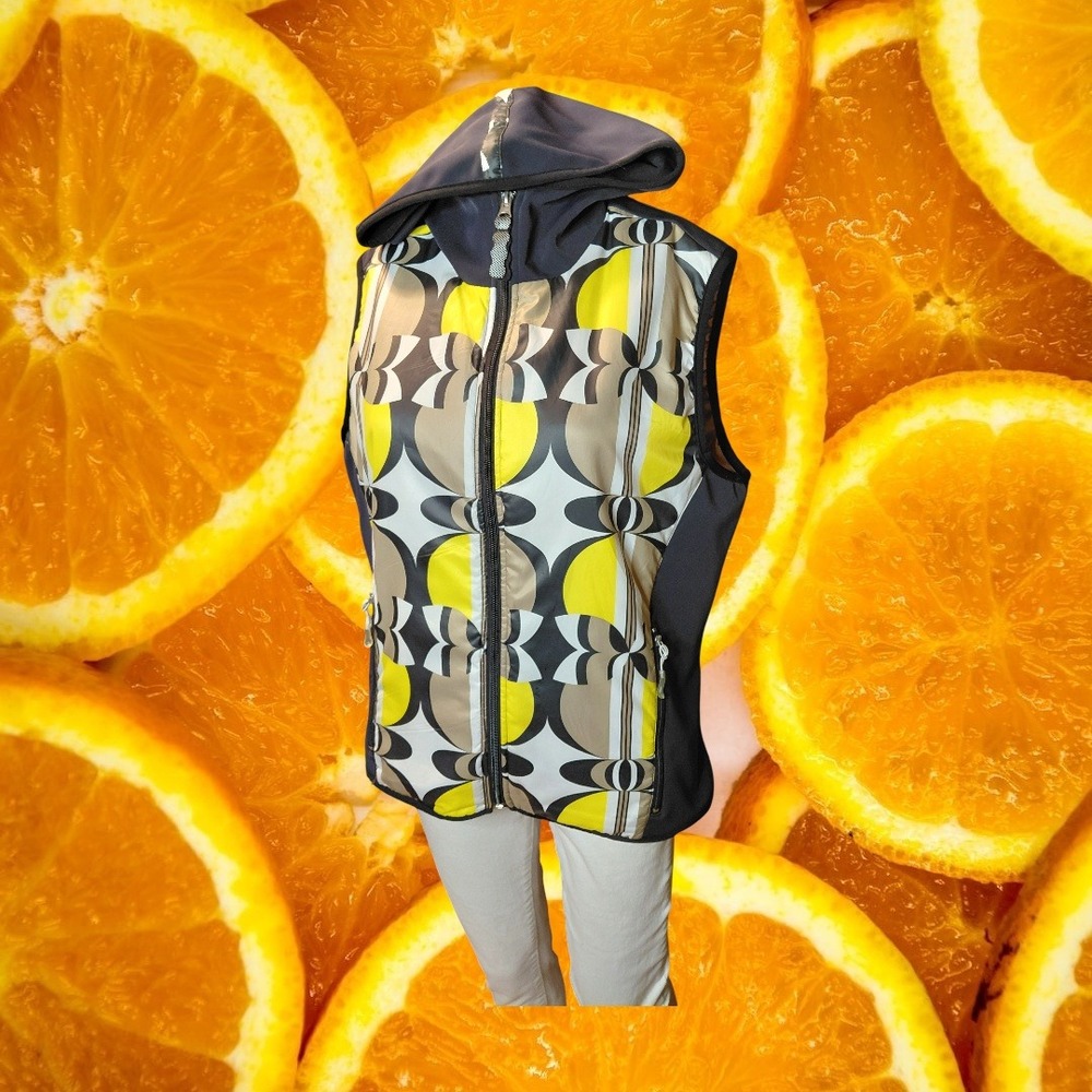 Obermeyer Womens Geometric Print Insulated‎ Hooded Ski Vest Yellow Black Size 12